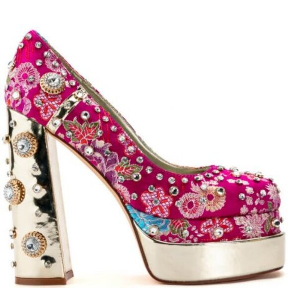 AZALEA WANG " EMBELISHED GEM JEWEL " SATIN PUMP IN PINK (BRAND NEW!) - Picture 5 of 7